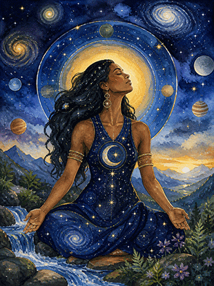 Illustration of a dark-haired woman in a blue celestial dress meditating beside a river, with a moon and stars halo overhead and a starry night sky.