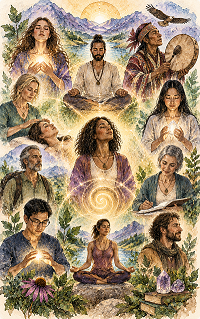 Collage of diverse sages and meditators in a nature-filled landscape with mountains, sun, and glowing auras.