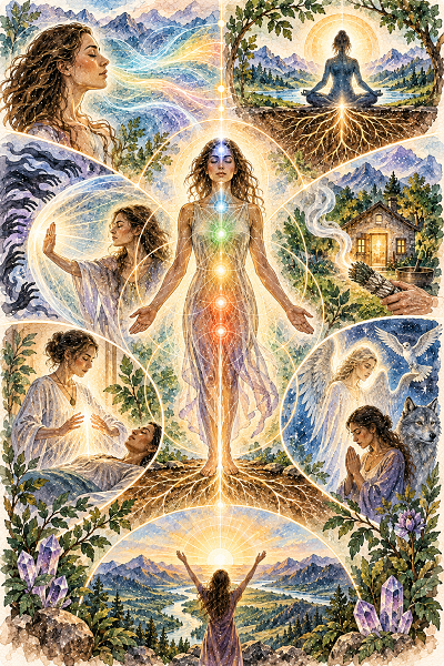 Center figure with glowing chakras; eight surrounding panels depict meditation, nature, and light energy in a spiritual collage.