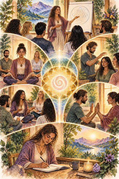 Collage of people meditating in a serene retreat, centered by a glowing geometric mandala.