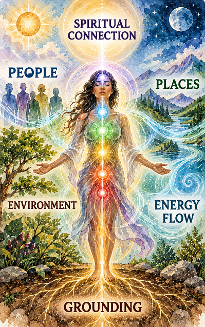 Meditating woman with seven glowing chakras amid earth and sky; surrounding words include spiritual connection and energy flow.