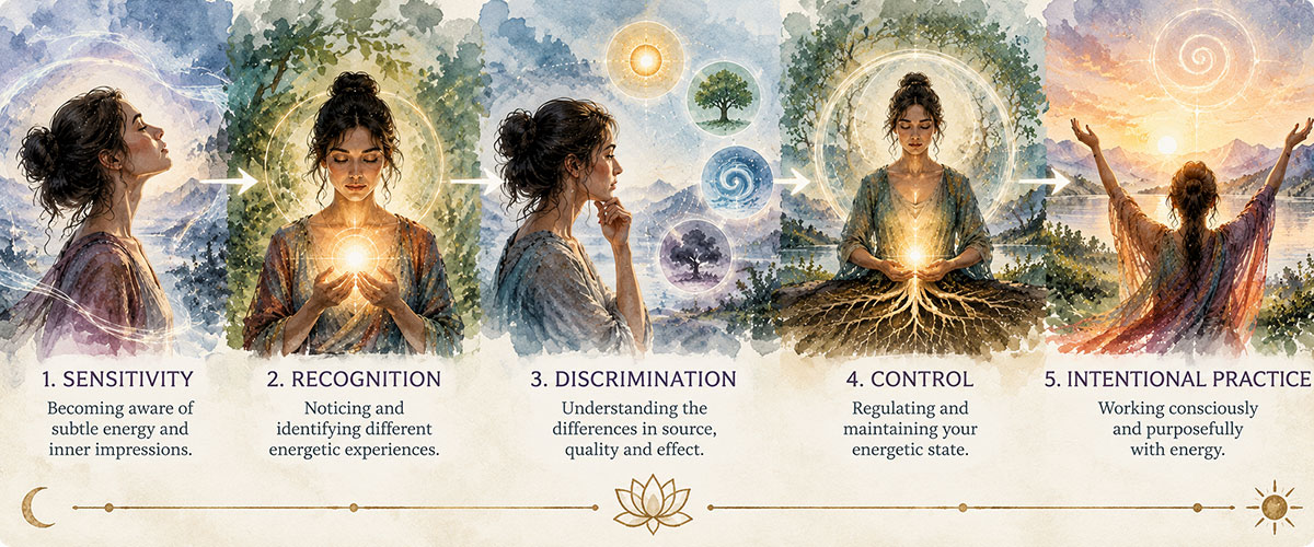 Five-step sequence from sensitivity to intentional practice, illustrated by a meditating woman and glowing energy orbs.