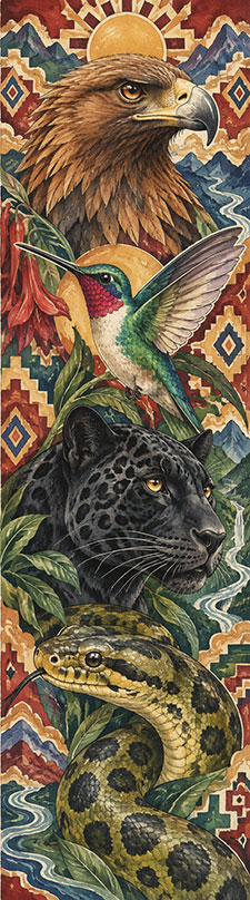 Vertical collage showing an eagle, hummingbird, jaguar, and snake atop a southwestern patterned background with mountains and a sun motif.