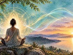Person sits cross-legged on rocks by a sunset lake, meditating with a radiant, geometric halo of light behind them and swirling energy in the sky.