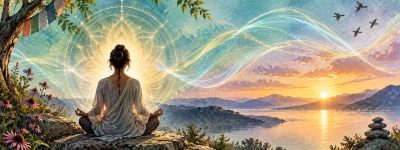 Person sits cross-legged on rocks by a sunset lake, meditating with a radiant, geometric halo of light behind them and swirling energy in the sky.