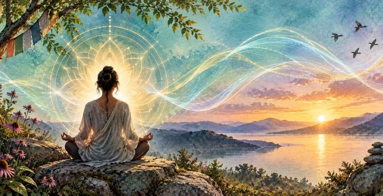 Person sits cross-legged on rocks by a sunset lake, meditating with a radiant, geometric halo of light behind them and swirling energy in the sky.