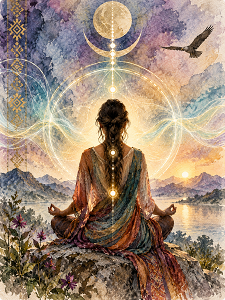 Meditating person viewed from behind on a rocky shore, chakras glowing along the spine amid luminous circles and a crescent moon in a colorful sky.